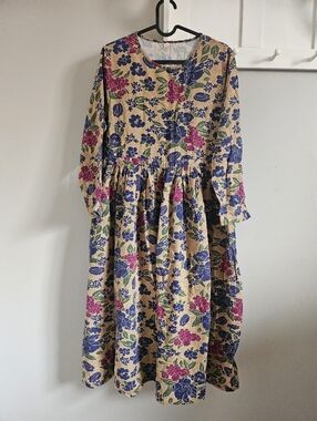 Vintage Cotton Linen Midi Dress Floral Print Crewneck Tie Waist Pockets Size S